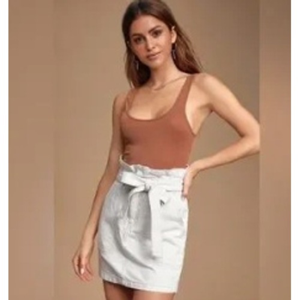 Free People Cream Denim‎ Paperbag Waist Mini Skirt with Belt Off White Size 0